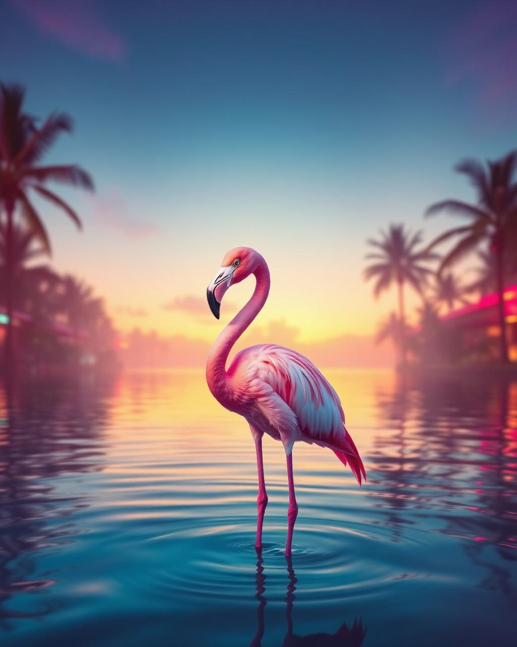 Pink flamingo at neon sunset